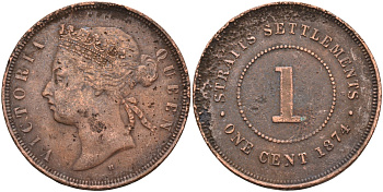 Стрейтс-Сетлментс 1 цент 1874 Виктория (1837-1901), Ост-Индская компания KM 9 медь 4590-412
