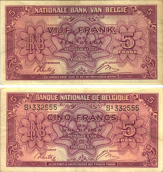 БЕЛЬГИЯ 5 ФРАНКОВ 1944 1 ФЕВРАЛЯ 1943, КОРОЛЬ В ИЗГНАНИИ Pick 121 бумага VF 7552-30-1-1