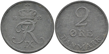 Дания 2 эре 1953 Фредерик IX (1947-1972) KM 840 цинк 4591-944