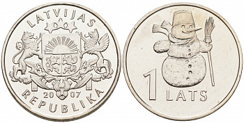 Латвия 1 лат 2007 снеговик KM 85 медно-никель UNC M14-12