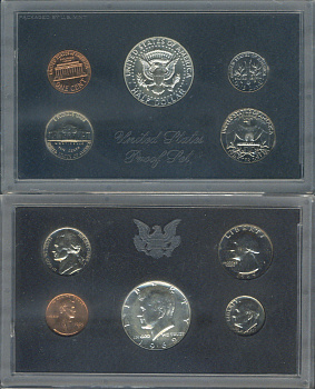 США набор из 5 монет (1, 5, 10 (дайм), 25 (квотер, 1/4 доллара) и 50 (1/2 доллара) центов) 1969 в оригинальной упаковке KM PS128 (164a, A192, 195a, 201 и 202a) PROOF 8-2-06-78