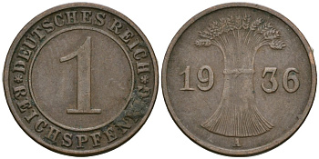 Германия 1 рейхспфенниг 1936 A KM 37, J. 313 бронза 4528-1224