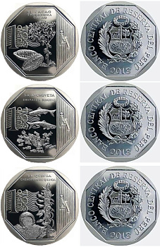 Перу лот из 3 монет по 1 соль 2013 серия природные ресурсы Перу, анчоус, какао, киона KM 374, 375, 376 медь никель цинк  UNC  M69-13