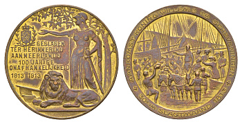 Нидерланды медаль "100-летия независимости Нидерландов 1813–1913" 1913 Прибытие короля Виллема I в Схевенинген, диаметр 29 мм, вес 9 гр бронза 4127-115