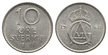 Швеция 10 эре 1968 U Густав VI Адольф (1950-1973) KM 835 медно-никель 75-465