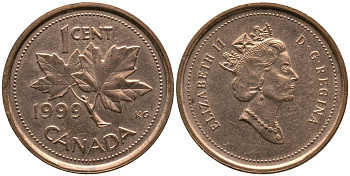 КАНАДА 1 ЦЕНТ 1999 ЕЛИЗАВЕТА II (1952-), КЛЕНОВЫЙ ЛИСТ, ТРЕТИЙ ПОРТРЕТ В КОРОНЕ KM 289 сталь плакированная медью 4532-732