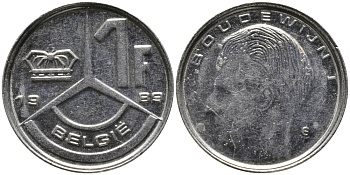 БЕЛЬГИЯ 1 ФРАНК 1989 BELGIE KM 171 сталь плакированная никелем 99-1239