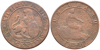 ИСПАНИЯ 1 СЕНТИМО 1870 ОМ, ЛЕВ СО ЩИТОМ KM 660 медь 112-459