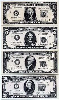 АМЕРИКА НАБОР ИЗ 4 БАНКНОТ ND (1, 5, 10, 20 ДОЛЛАРОВ) ОДНОСТОРОННИЙ ПРИНТ 107Х45 бумага UNC (ПРЕСС) 7146-60-2-2