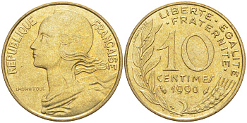 Франция 10 сантимов 1990 тип Marianne KM 929, LE FRANC 144.30 медь алюминий никель 4511-1011