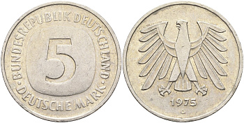 ФРГ 5 марок 1975 G, монетный двор Карлсруэ КМ 140.1, J. 415 медно-никель плакированный никелем 4139-116