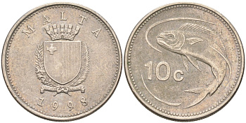 Мальта 10 центов 1998 золотая макрель KM 96 медно-никель 4588-251