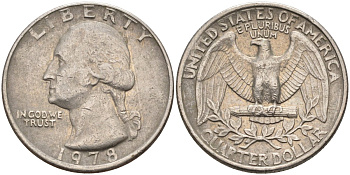 США 25 центов (квотер) 1978 Вашингтон KM A164a медь плакированная медно-никелем 4584-1113