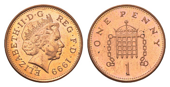 Великобритания 1 пенни 1999 Елизавета II (1952-2022) KM 986, Spink 4710 (B5) сталь плакированная медью UNC 4627-648