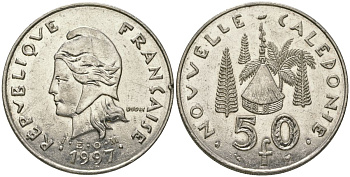 Французская Новая Каледония 50 франков 1997 хижина среди сосен и пальм, (IEOM) KM 13, Schoen 15, Lec 121 никель 111-615