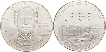 США 1 доллар 2009 Р, 200 лет со дня рождения Луи Брайля (1809-2009), в оригинальной коробке, сертификат KM 455 серебро UNC 00-00