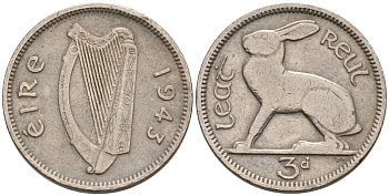 Ирландия 3 пенса 1943 заяц KM 12а медно-никель 92-222