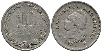 Аргентина 10 сентаво 1921 голова Свободы влево KM 35 медно-никель 4528-237
