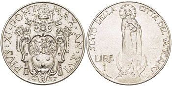 Ватикан 1 лира 1937 XVI год, папа Пий XI (1922-1939), Дева Мария KM 5 никель 4512-845