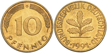 ФРГ 10 пфеннигов 1991 G KM 108, J. 383 сталь плакированная латунью 4175-1115