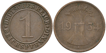 Германия 1 рейхспфенниг 1934 A KM 37, J. 313 бронза 4189-1226