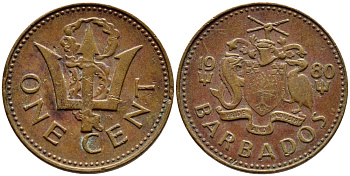 Барбадос 1 цент 1980 сломанный трезубец Британии KM 10 бронза 4396-1257
