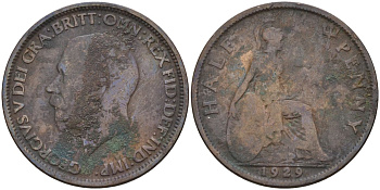 Великобритания 1/2 пенни 1929 Георг V (1910 - 1936) KM 837, Spink 4058 бронза 4153-811