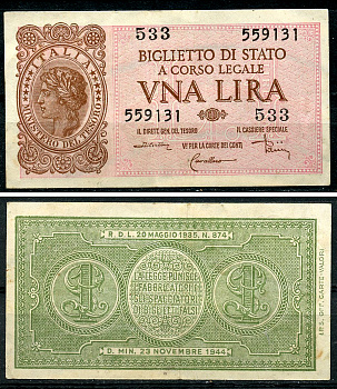 Италия 1 лира 1944 подписи Di Cristina, Cavallaro, Parisi Pick 29 c, Grapanzano BS 8  бумага  aUNC 8614-3-4-2