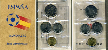 Испания официальный набор из 4 монет (1, 5, 25 и 50 песет) 1980 (1981) чемпионат мира по футболу в Испании 1982 года KM MS11a (816, 817, 818 и 819) UNC 4-5-4-06
