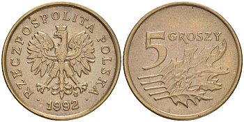 Польша 5 грошей 1992 MW KM 278 латунь 4516-1233
