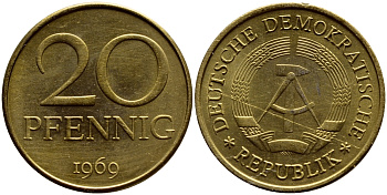 ГДР 20 пфеннигов 1969 А, первый год KM 11 латунь UNC 4398-1047