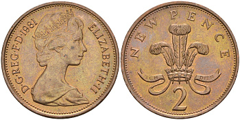 Великобритания 2 пенса 1981 Елизавета II (1952-2022) KM 916, Spink 4235 (C1) бронза 4593-835