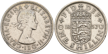 Великобритания 1 шиллинг 1957 Елизавета II (1952-2022), Английский герб KM 904, Spink 4147 медно-никель    4153-341
