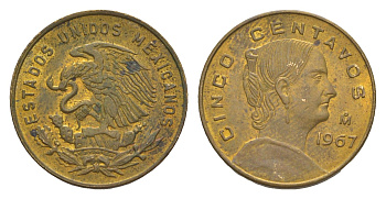 Мексика 5 сентаво 1967 Жозефа Ортис де Домингес KM 426 латунь 4644-642
