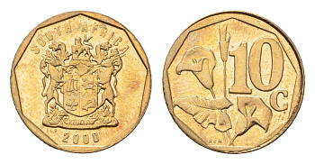 ЮАР 10 центов 2000 герб, цветок алоэ KM 161 сталь плакированная бронзой UNC 4694-758