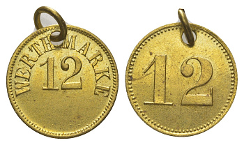 Германия игровой жетон в 12 пфеннигов ND диаметр 20 мм, вес 2,2 гр латунь 4613-845