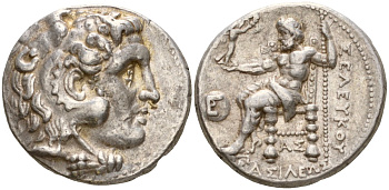 Государство Селевкидов тетрадрахма 282 - 281 гг. до н.э. Селевк I Никатор, голова Александра Великого (Селевка ?) в виде Геракла в львином скальпе / "ЦАРЯ СЕЛЕВКА", Зевс на троне, держит Нику, г. Сарды, 17,30 г, серебро 00-000-00