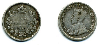 КАНАДА 5 ЦЕНТОВ 1916 ГЕОРГ V серебро 46-628