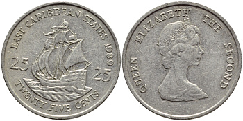 Восточно-Карибские штаты 25 центов 1989 Елизавета II (1952-2022), парусник KM 14 медно-никель 86-936