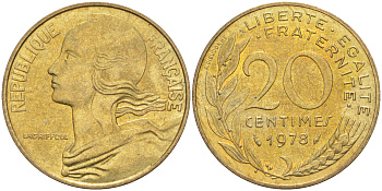 Франция 20 сантимов 1978 тип Marianne KM 930, Le Franc 156.18 медь алюминий никель 4513-335
