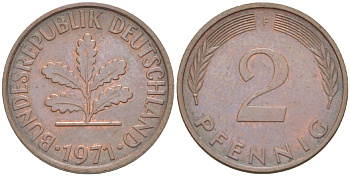 ФРГ 2 ПФЕННИГА 1971 F KM 106а, J. 381а сталь плакированная сталь плакированная медьюю 4181-765