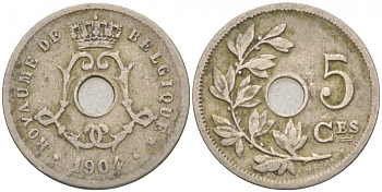 БЕЛЬГИЯ 5 САНТИМОВ 1904 BELGIQUE KM 54 медно-никель 4549-1256