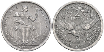 Французская Новая Каледония 2 франка 1977 птица кагу, (IEOM) KM 14, Schoen 11, Lec 58 алюминий    08-814