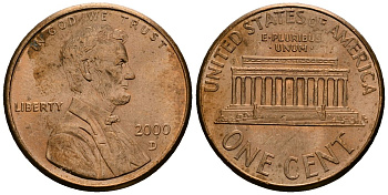 США 1 цент 2000 D, Линкольн KM 201b цинк плакированный медью 4136-366
