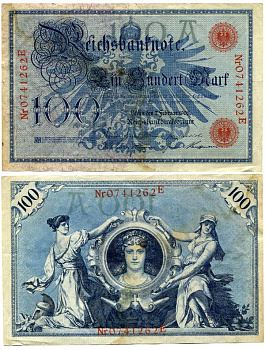 ГЕРМАНИЯ 100 МАРОК 1908 7 ФЕВРАЛЯ 1908, КРАСНАЯ ПЕЧАТЬ, ДЛИННА НОМЕРА СЕРИИ 29 ММ. Pick 33а бумага 2192-79-2