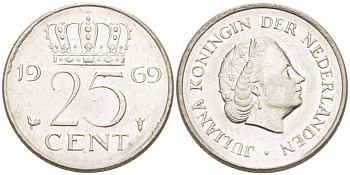 Нидерланды 25 центов 1969 Юлиана (1948-1980) KM 183 никель 3955-157