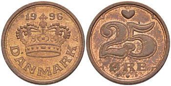 ДАНИЯ 25 ЭРЕ 1996 LG; JP; A, МАРГРЕТЕ II (1972-) KM 868.1 бронза 100-663