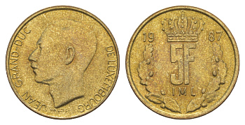 Люксембург 5 франков 1987 Герцог Жан (1964-1999) KM 60 алюминиевая бронза UNC 4641-1047