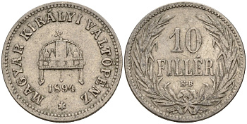 Венгрия 10 филлеров 1894 KB, Франц Иосиф I (1848-1916) KM 482 никель 4151-1061