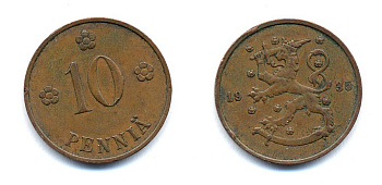 Финляндия 10 пенни 1935 республика (1918-1962) KM 24 медь 51-5446